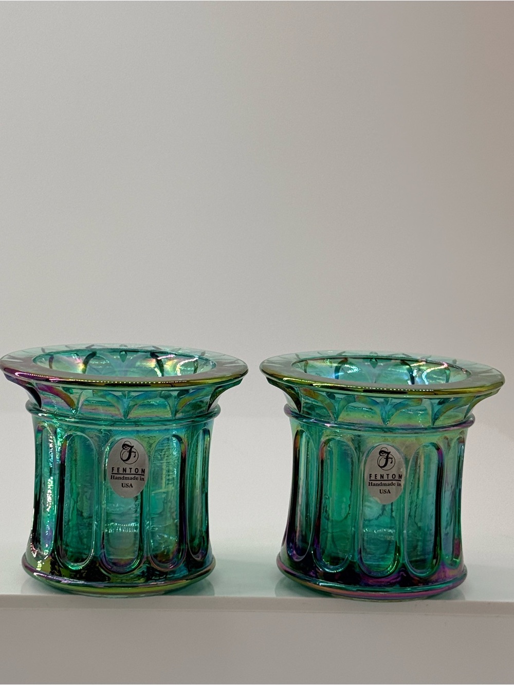 Fenton Iridescent Green Glass Votive Pair with Purple and Gold Highlights